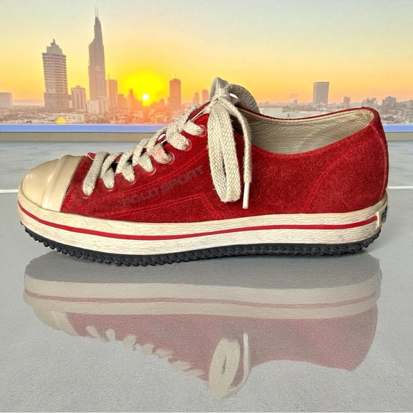 Polo Sport vintage Ralph Lauren red suede platform fashion curling sneakers 8.5B - Picture 1 of 16